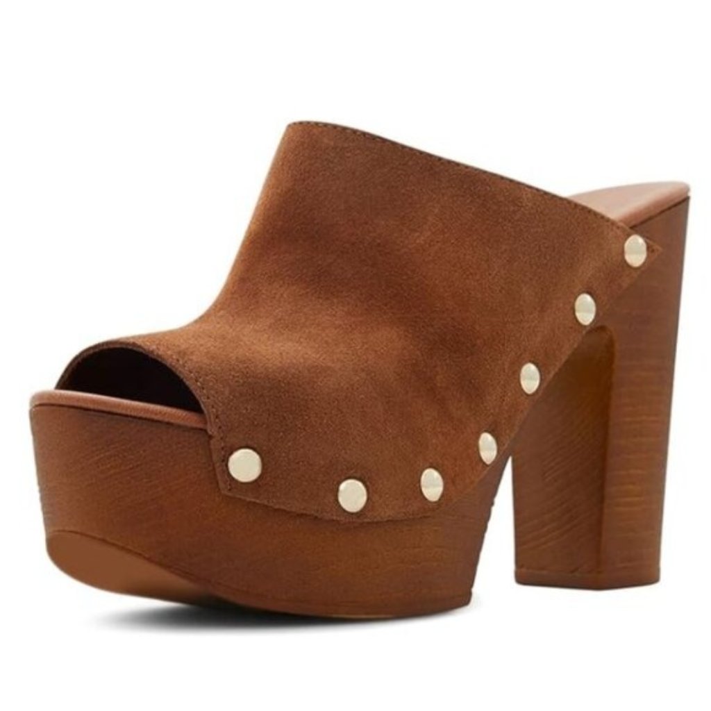 Ydn Women Peep Toe Studded Mules Platform Chunky High Heel Sandals Brown Shoes